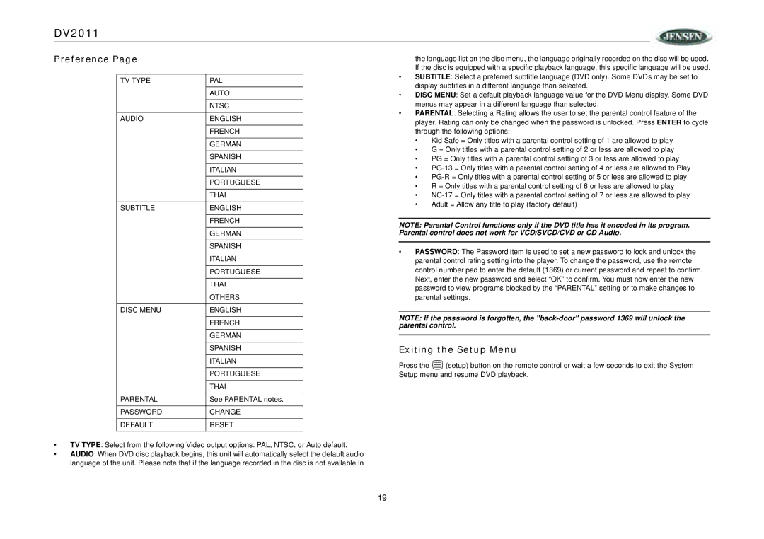 RCA DV2011 operation manual Preference, Exiting the Setup Menu, Password Change Default Reset 