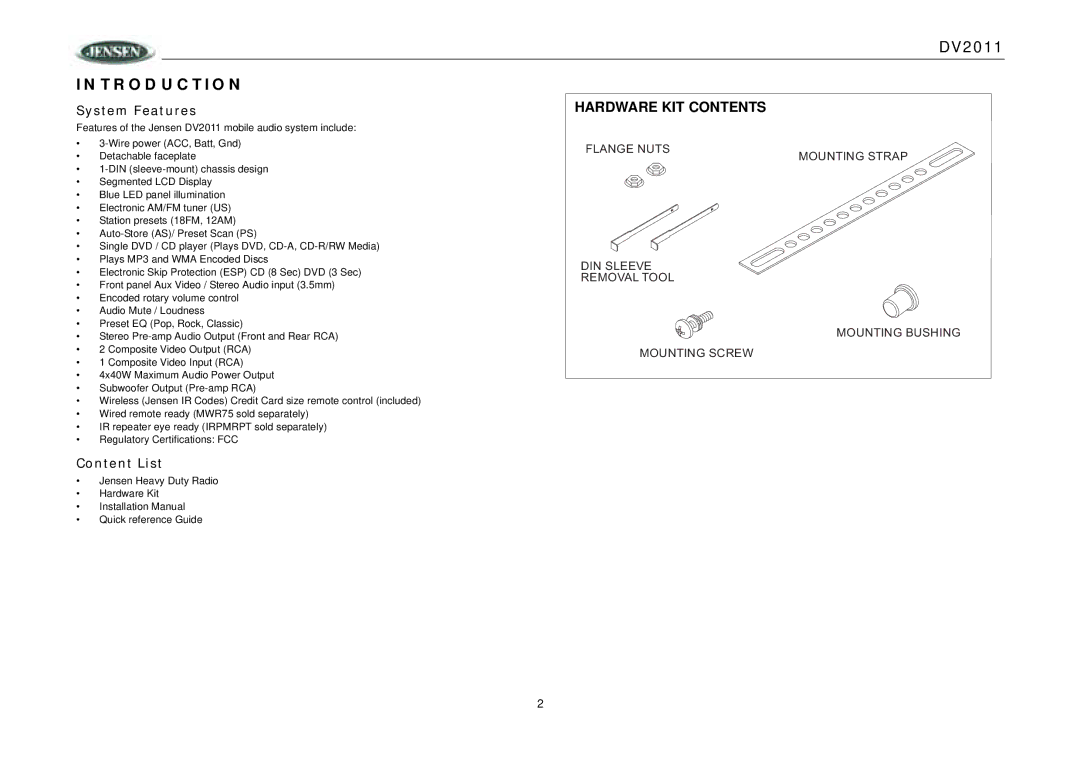 RCA DV2011 operation manual Introduction, Hardware KIT Contents 