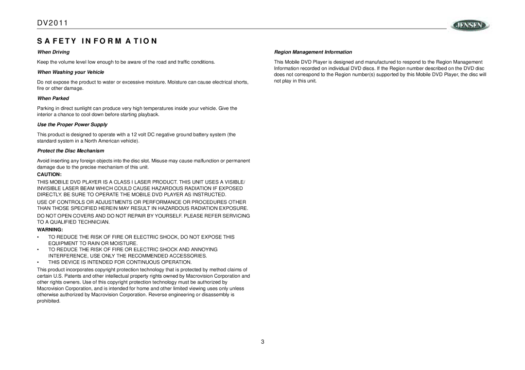 RCA DV2011 operation manual Safety Information 