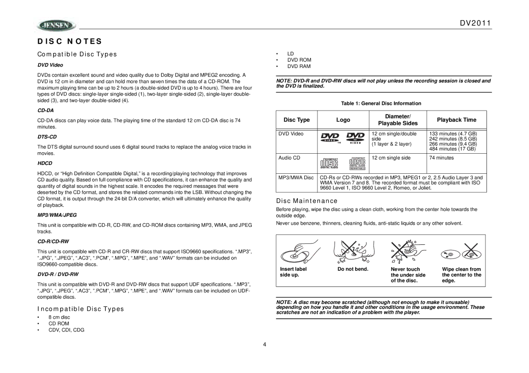 RCA DV2011 operation manual Disc Notes, Compatible Disc Types, Disc Maintenance, Incompatible Disc Types, DVD Video 