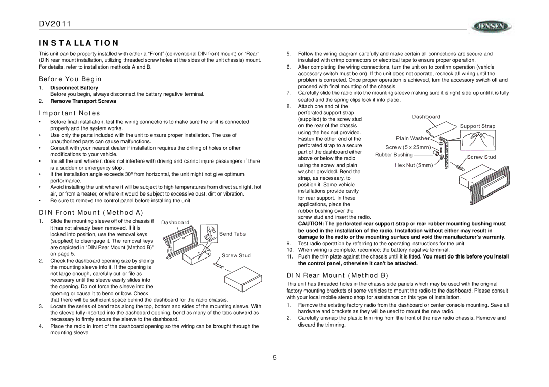 RCA DV2011 Installation, Before You Begin, Important Notes, DIN Front Mount Method a, DIN Rear Mount Method B 