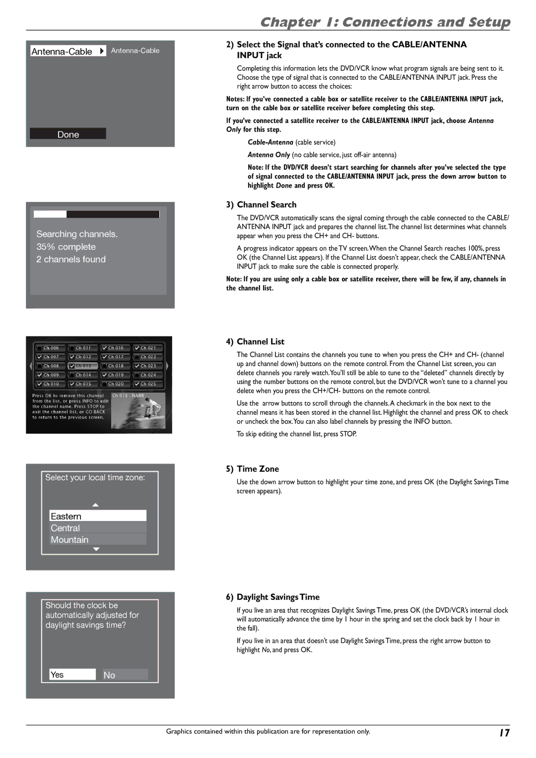 RCA DVD Recorder/VCR Combo manual Channel Search, Channel List, Time Zone, Daylight Savings Time 