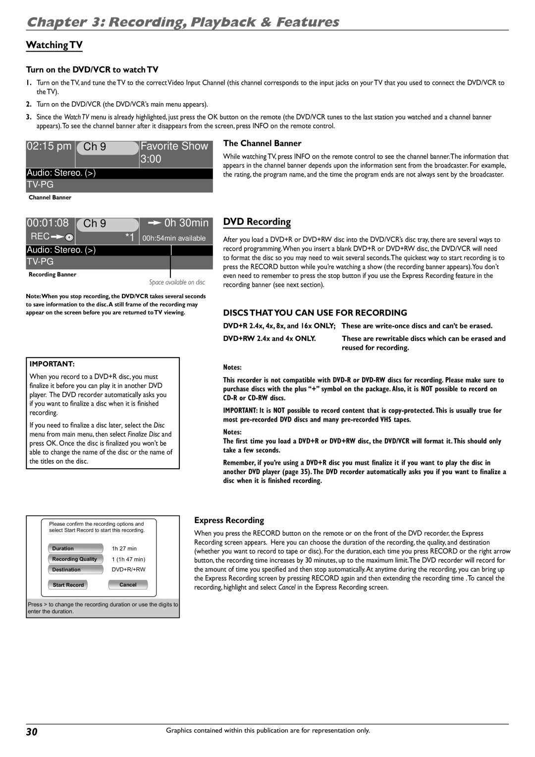 RCA DVD Recorder/VCR Combo manual Watching TV, DVD Recording, Channel Banner, Express Recording 