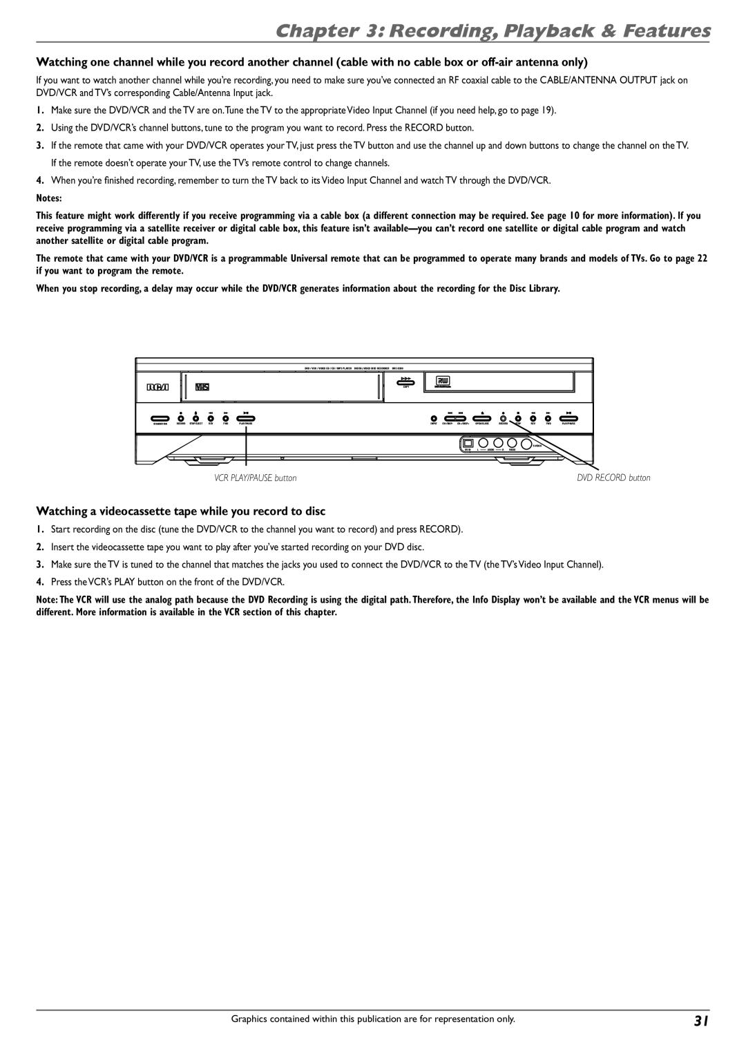 RCA DVD Recorder/VCR Combo manual Watching a videocassette tape while you record to disc 