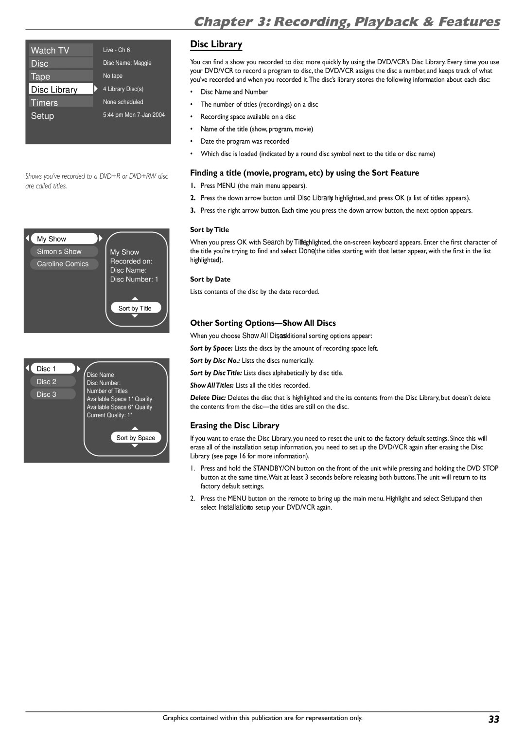 RCA DVD Recorder/VCR Combo Other Sorting Options-Show All Discs, Erasing the Disc Library, Sort by Title, Sort by Date 