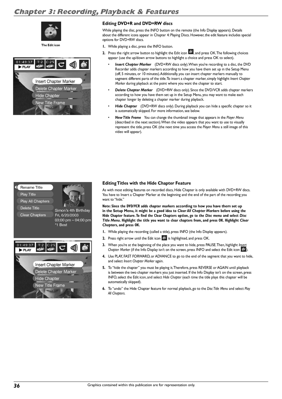 RCA DVD Recorder/VCR Combo manual Editing DVD+R and DVD+RW discs, Editing Titles with the Hide Chapter Feature 