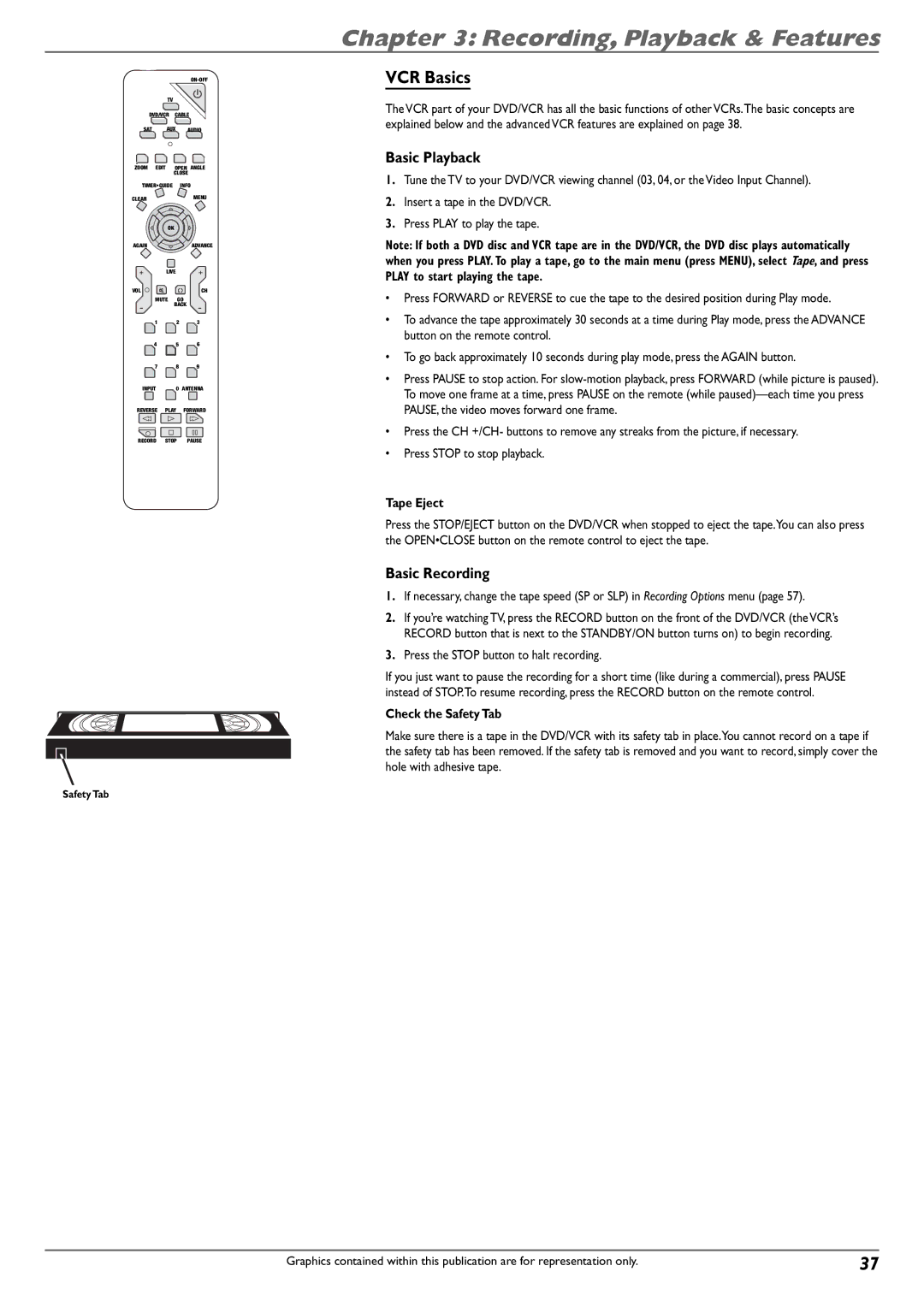 RCA DVD Recorder/VCR Combo manual VCR Basics, Basic Playback, Basic Recording, Tape Eject, Check the Safety Tab 