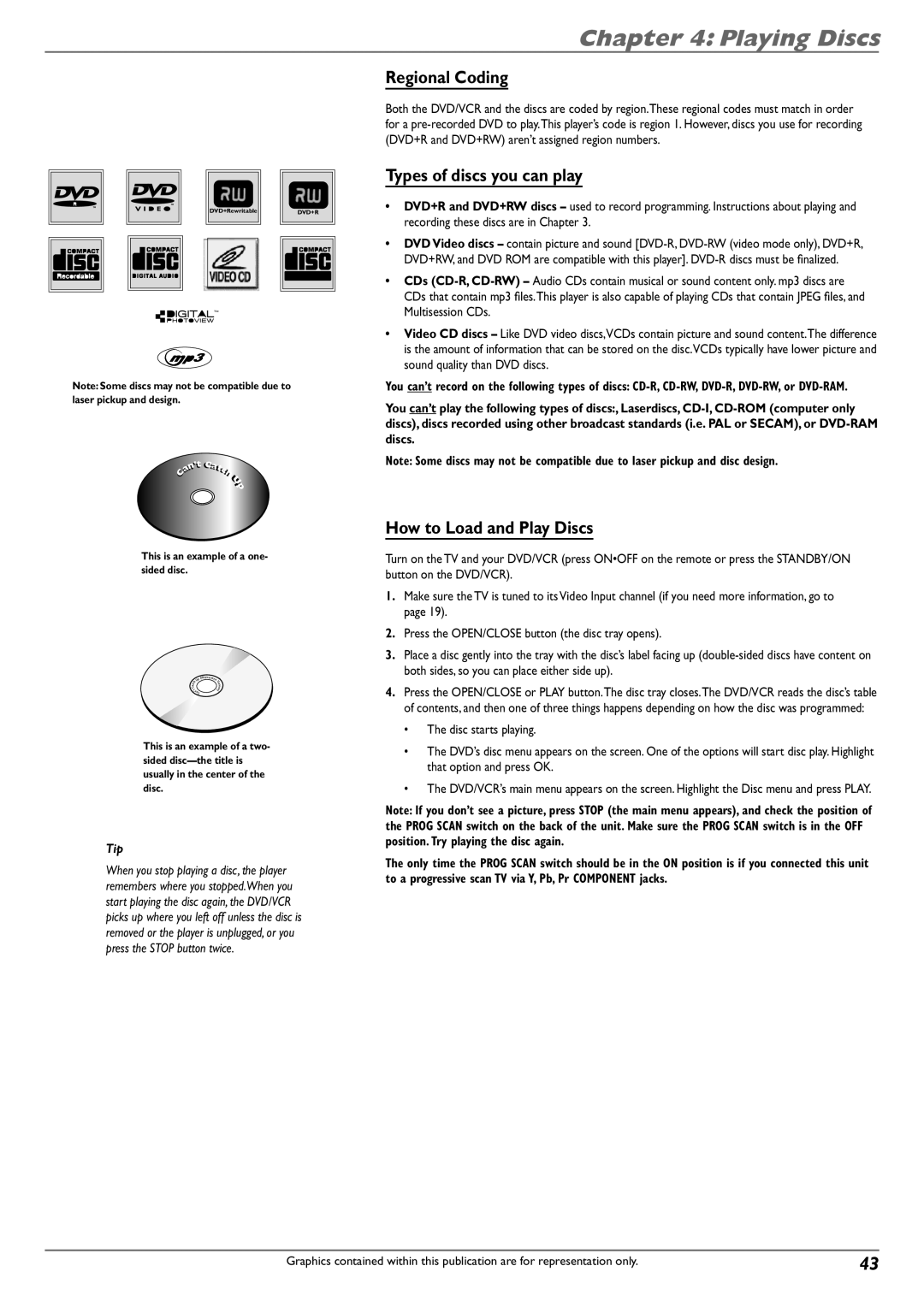 RCA DVD Recorder/VCR Combo manual Regional Coding, Types of discs you can play, How to Load and Play Discs 