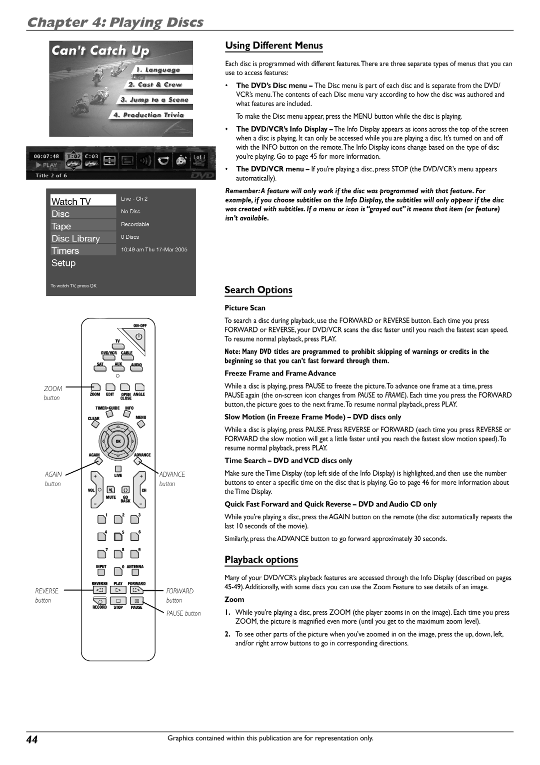 RCA DVD Recorder/VCR Combo manual Using Different Menus, Search Options, Playback options 