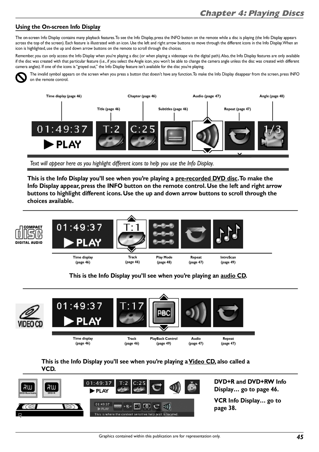 RCA DVD Recorder/VCR Combo VCR Info Display… go to, Using the On-screen Info Display, DVD+R and DVD+RW Info Display… go to 