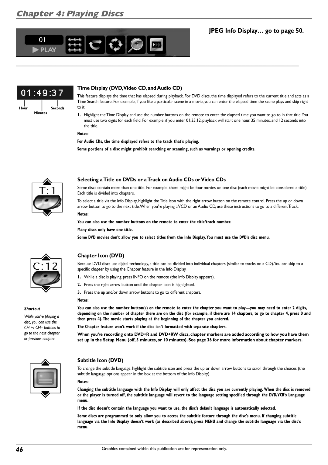 RCA DVD Recorder/VCR Combo manual Jpeg Info Display… go to, Time Display DVD,Video CD, and Audio CD, Chapter Icon DVD 