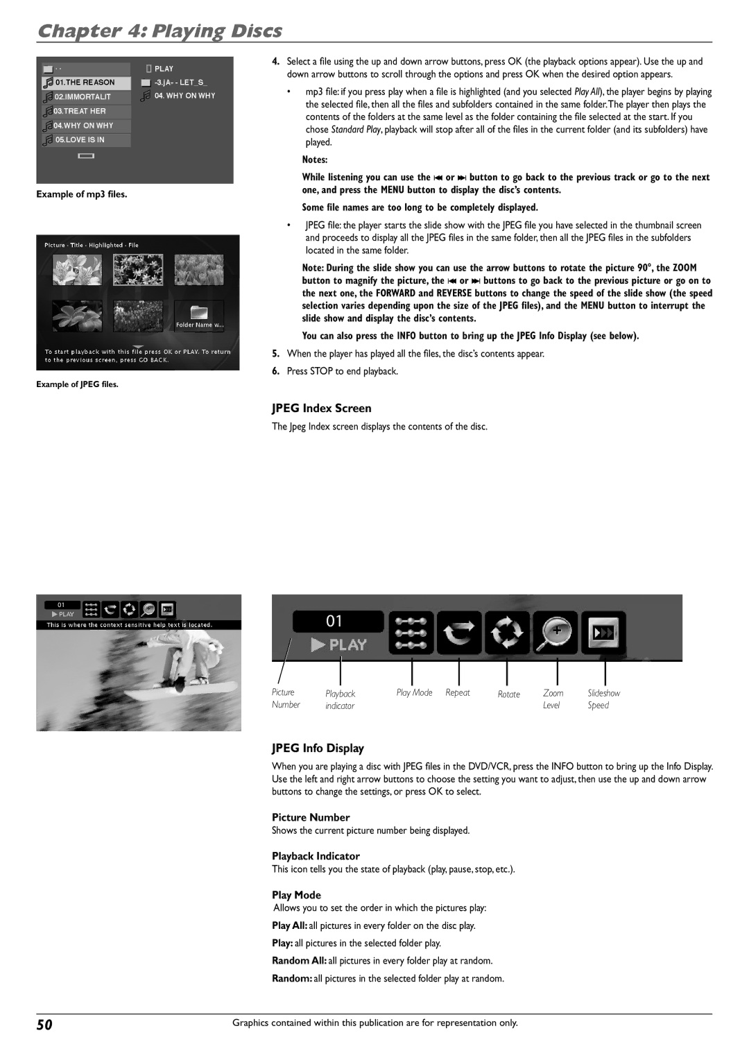 RCA DVD Recorder/VCR Combo manual Jpeg Index Screen, Jpeg Info Display, Example of mp3 ﬁles 