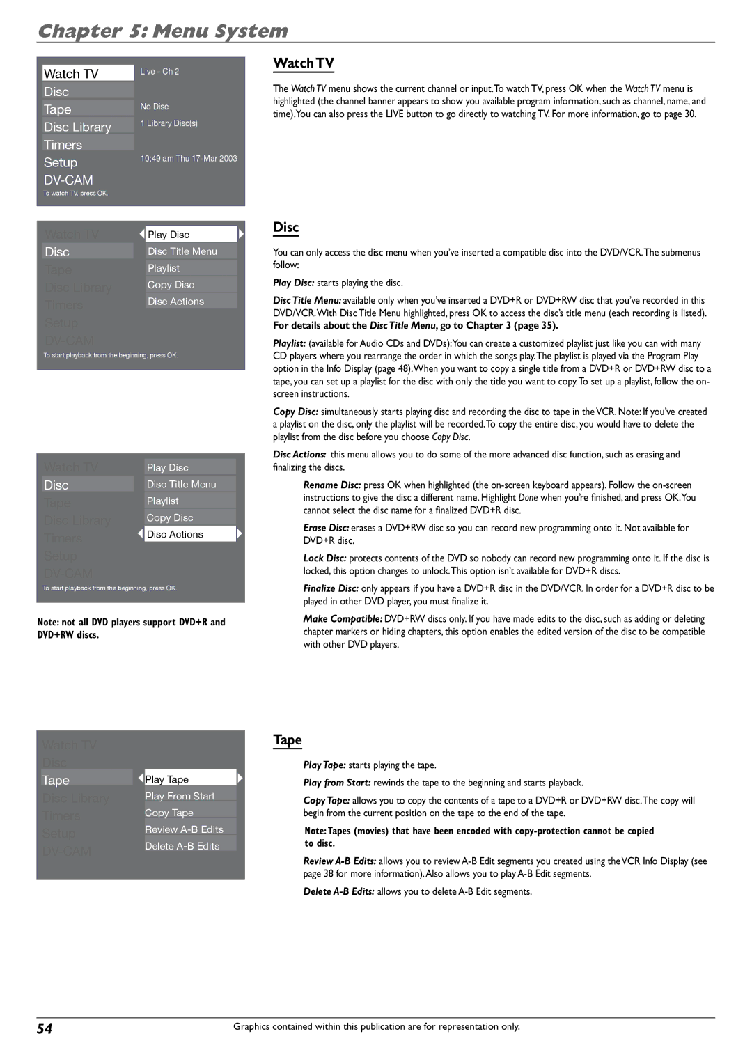 RCA DVD Recorder/VCR Combo manual Tape, DVD+RW discs, For details about the Disc Title Menu, go to 