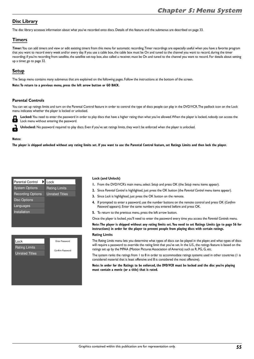 RCA DVD Recorder/VCR Combo manual Timers, Setup, Parental Controls, Lock and Unlock, Rating Limits 