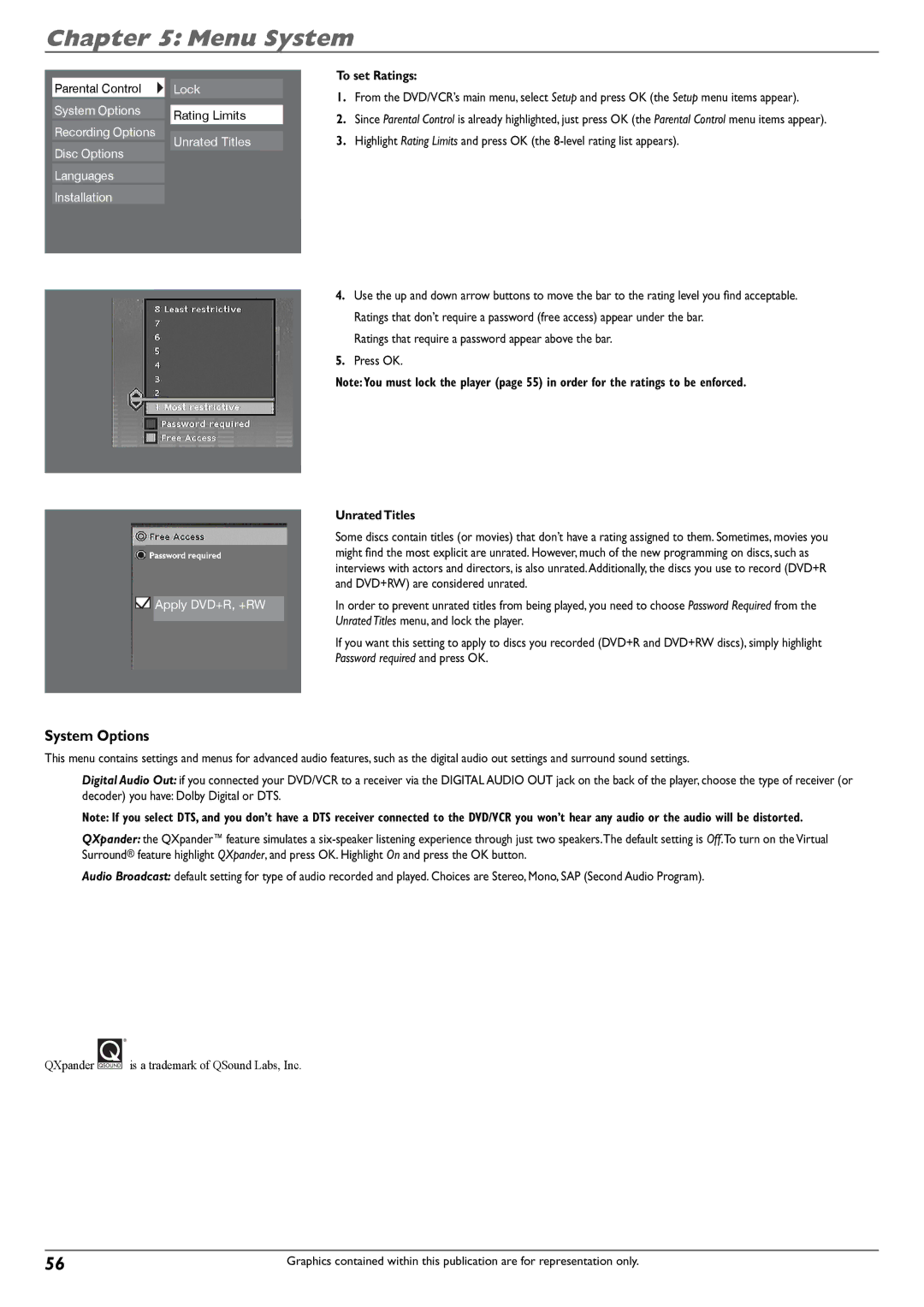 RCA DVD Recorder/VCR Combo manual System Options, To set Ratings, Unrated Titles 