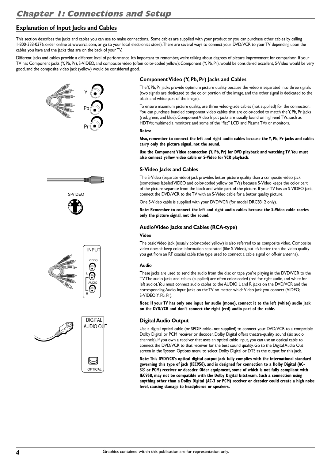 RCA DVD Recorder/VCR Combo manual Explanation of Input Jacks and Cables, Component Video Y, Pb, Pr Jacks and Cables 