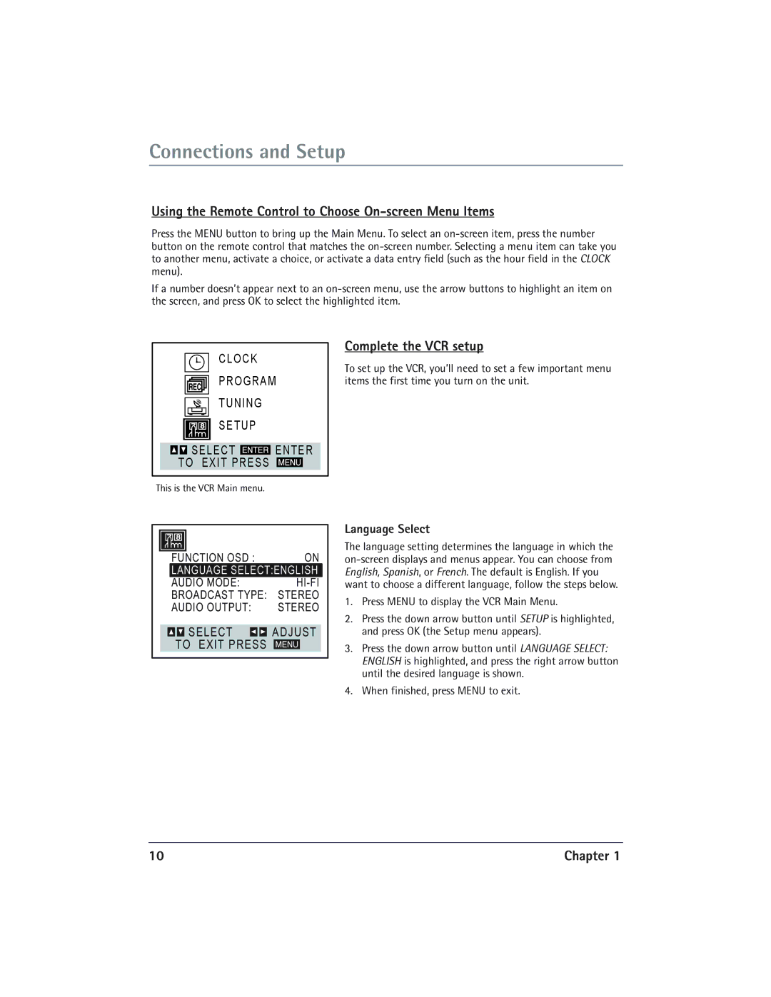 RCA DVD/VCR manual Using the Remote Control to Choose On-screen Menu Items, Complete the VCR setup, Language Select 