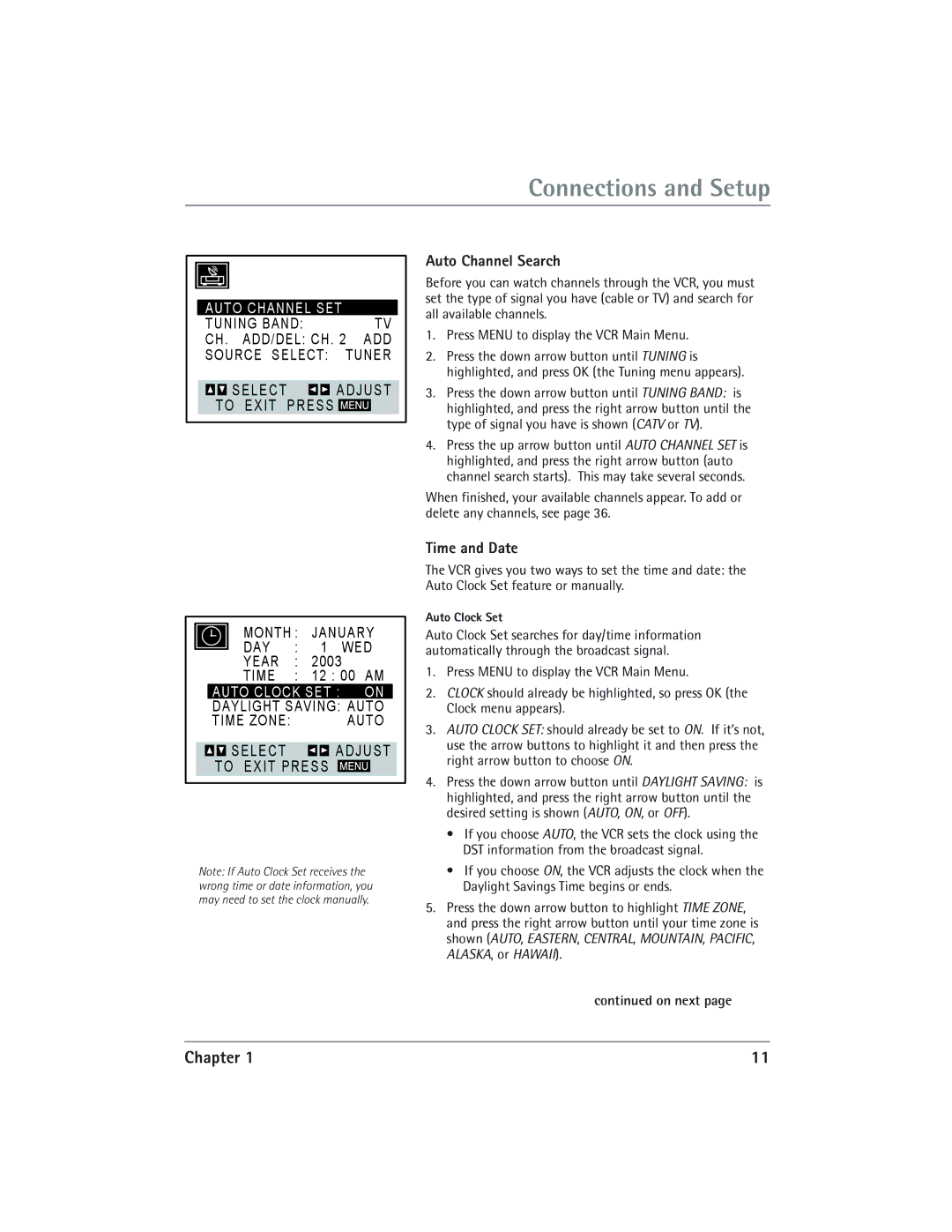 RCA DVD/VCR manual Auto Channel Search, Time and Date 