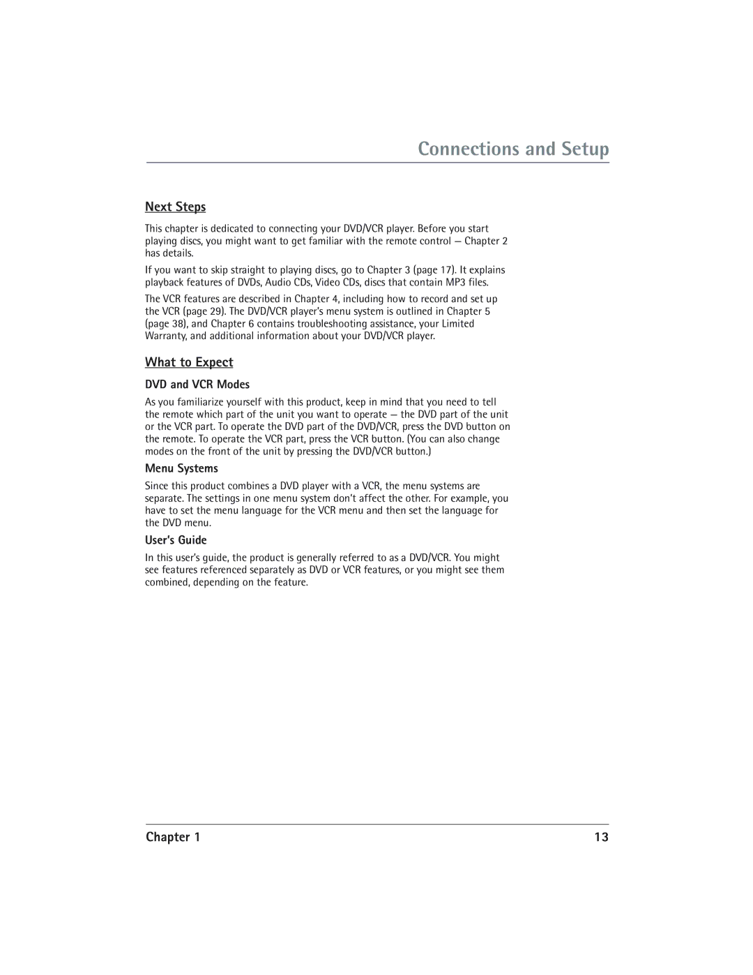 RCA DVD/VCR manual Next Steps, What to Expect, DVD and VCR Modes, Menu Systems, User’s Guide 