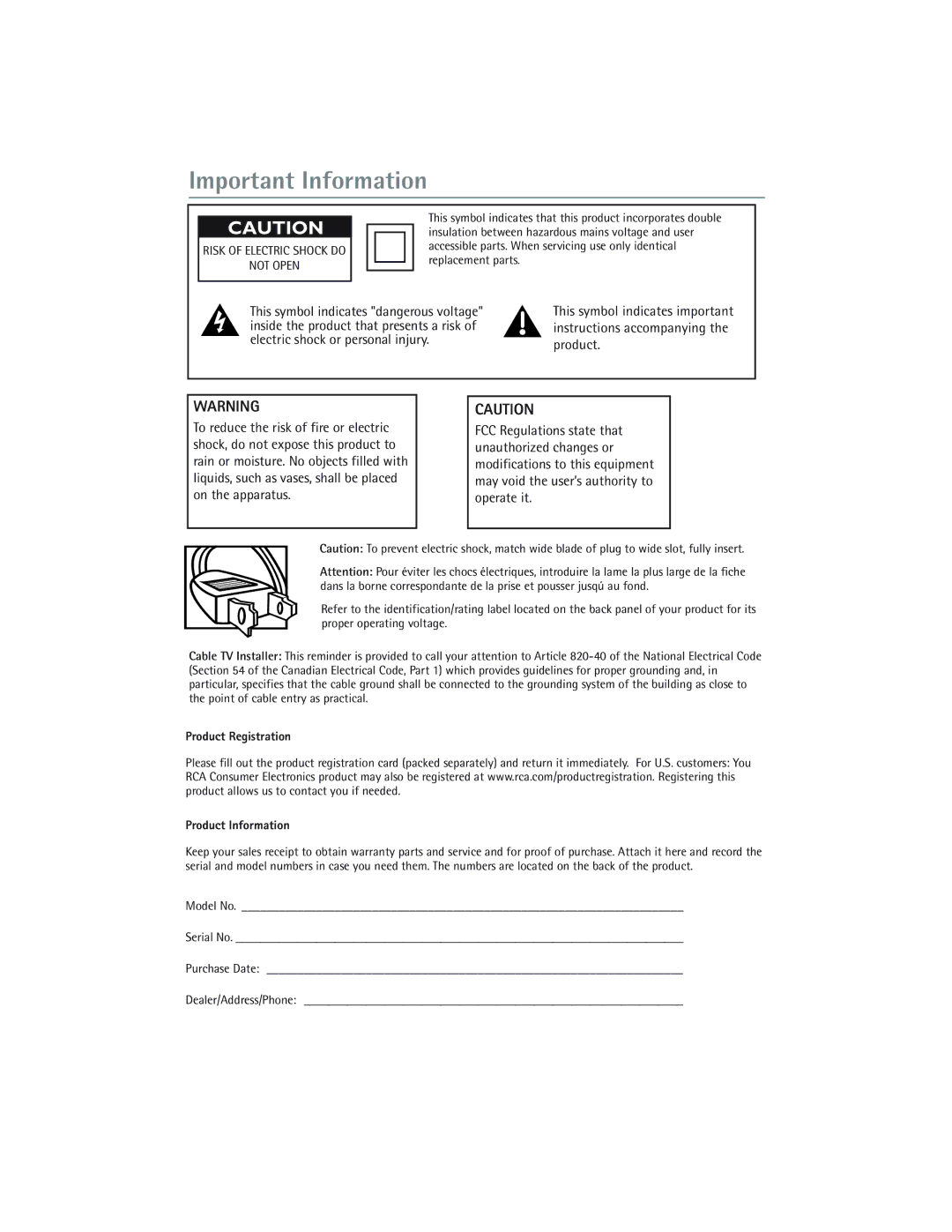 RCA DVD/VCR manual Important Information, Risk of Electric Shock do Not Open 