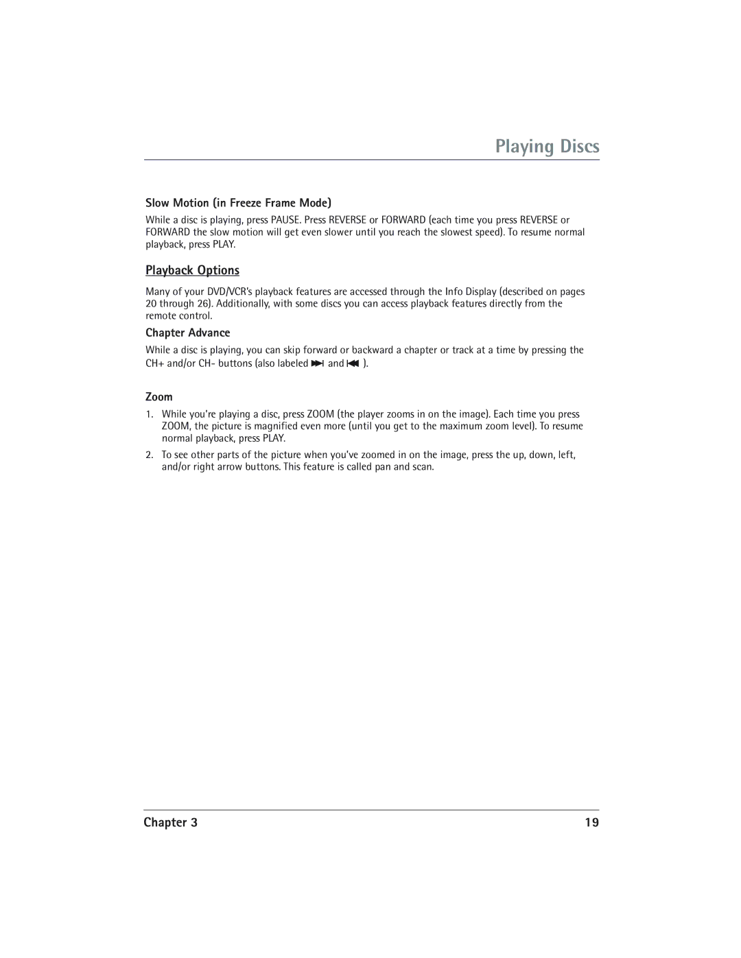 RCA DVD/VCR Playback Options, Slow Motion in Freeze Frame Mode, Chapter Advance, Zoom, CH+ and/or CH- buttons also labeled 