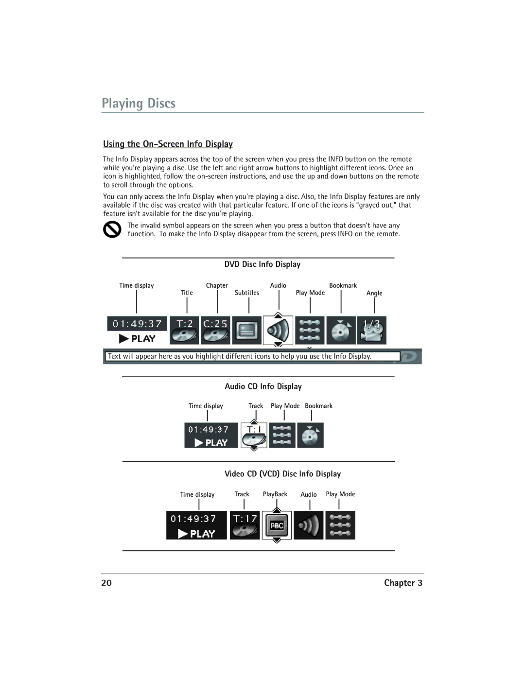 RCA DVD/VCR Using the On-Screen Info Display, DVD Disc Info Display, Audio CD Info Display, Video CD VCD Disc Info Display 