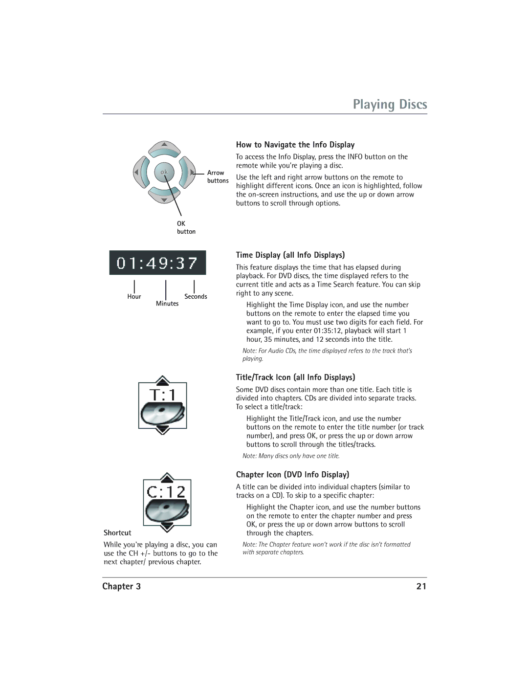 RCA DVD/VCR manual How to Navigate the Info Display, Time Display all Info Displays, Title/Track Icon all Info Displays 