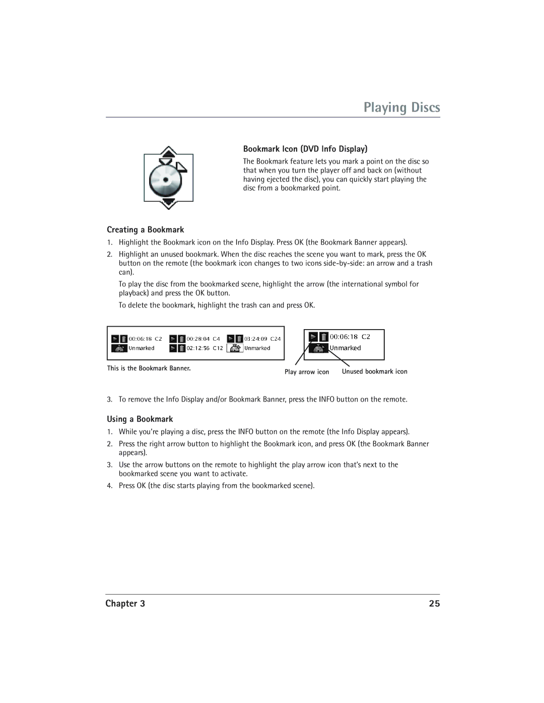 RCA DVD/VCR manual Bookmark Icon DVD Info Display, Creating a Bookmark, Using a Bookmark 