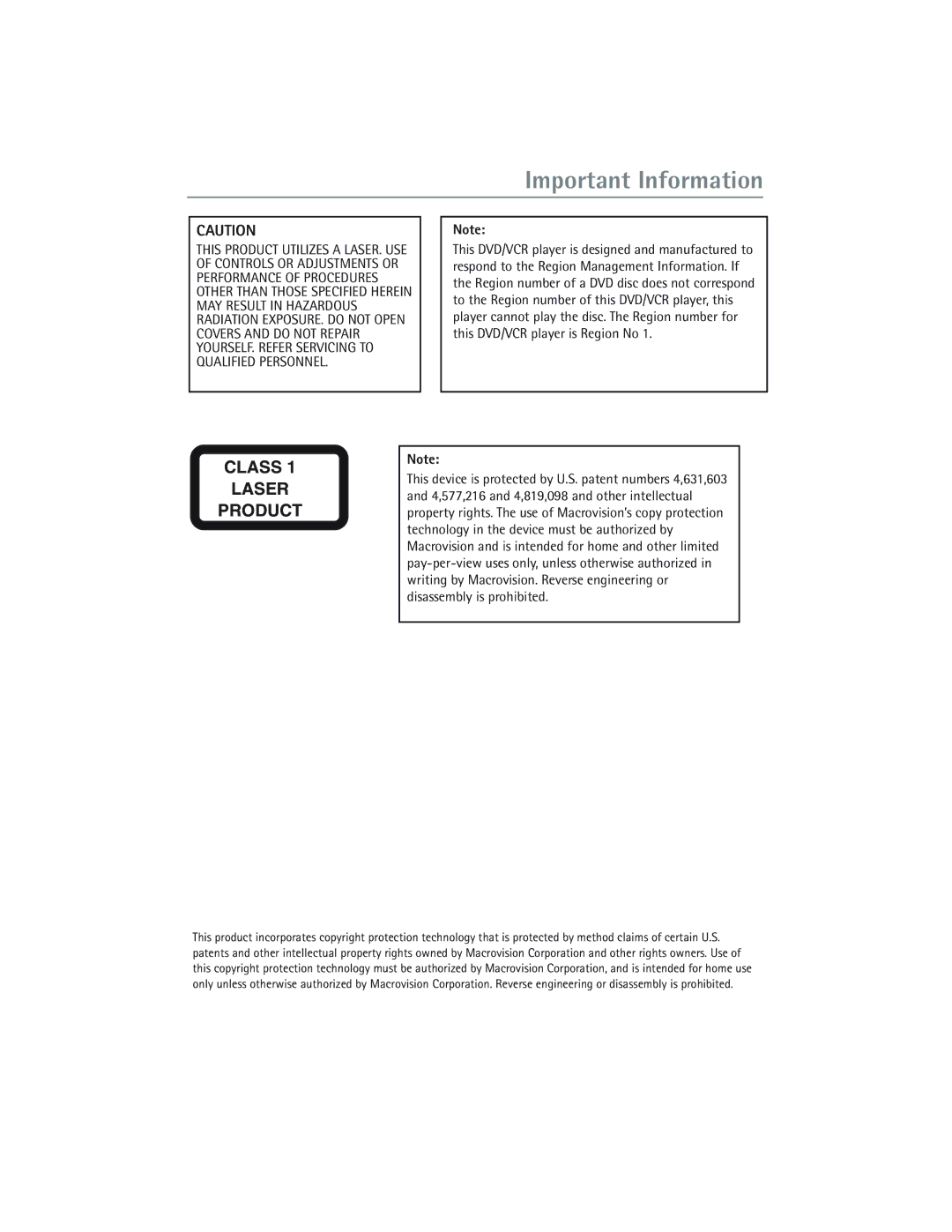 RCA DVD/VCR manual Class Laser Product 