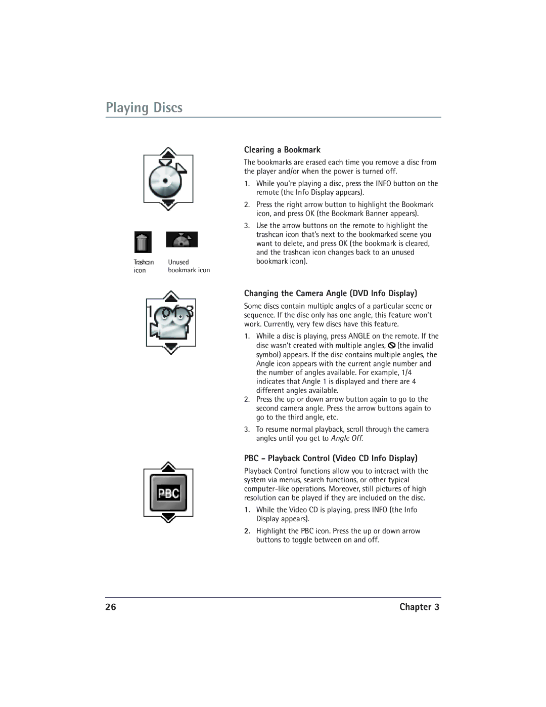 RCA DVD/VCR Clearing a Bookmark, Changing the Camera Angle DVD Info Display, PBC Playback Control Video CD Info Display 