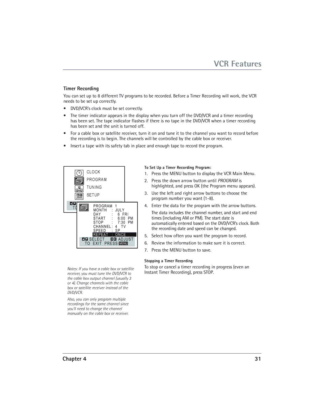 RCA DVD/VCR manual Timer Recording, Press the Menu button to display the VCR Main Menu 