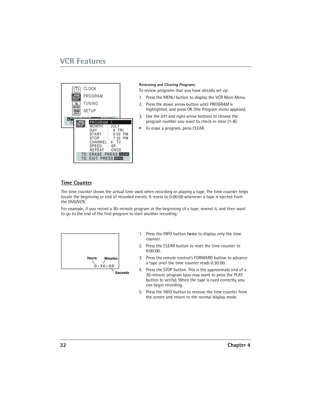 RCA DVD/VCR Time Counter, To review programs that you have already set up, Press the down arrow button until Program is 