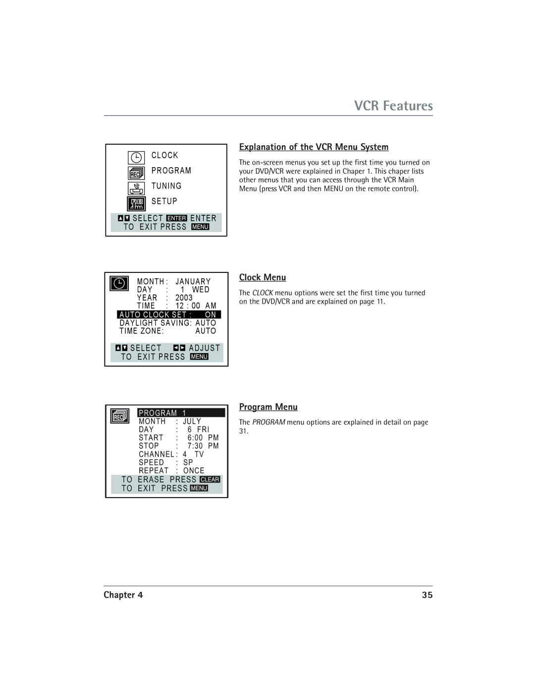 RCA DVD/VCR Explanation of the VCR Menu System, Clock Menu, Program Menu, Program menu options are explained in detail on 