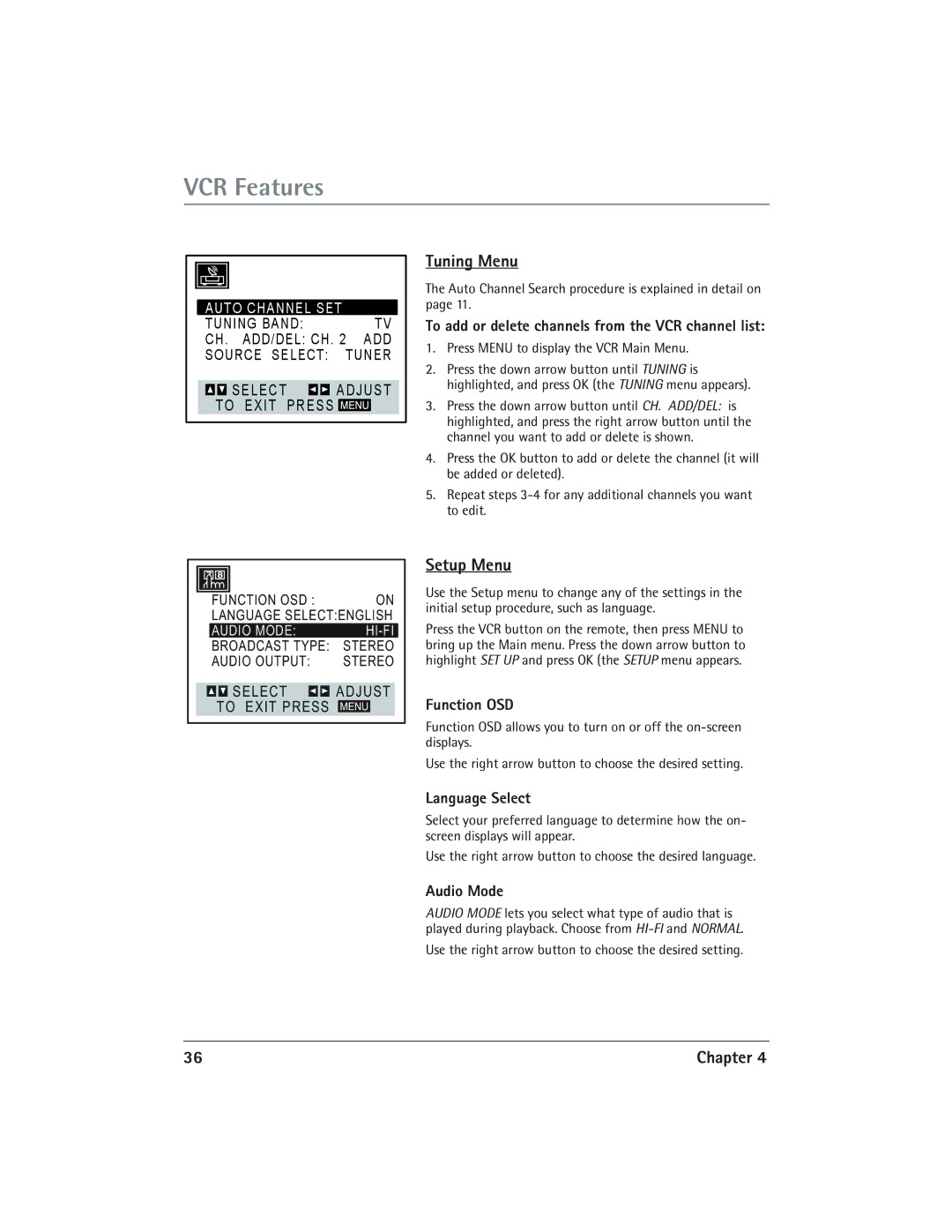 RCA DVD/VCR Tuning Menu, Setup Menu, Function OSD, Audio Mode, Auto Channel Search procedure is explained in detail on 