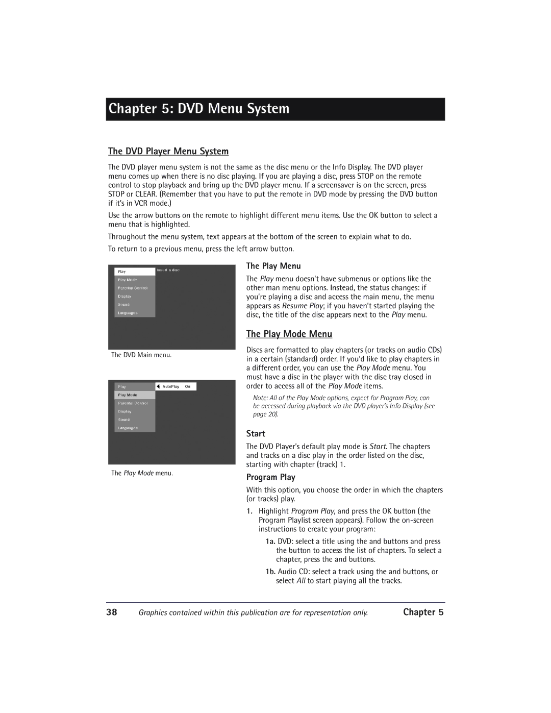 RCA DVD/VCR manual DVD Player Menu System, Play Mode Menu, Play Menu, Start, Program Play 