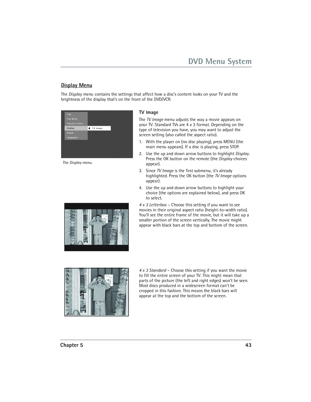 RCA DVD/VCR manual Display Menu, TV Image 