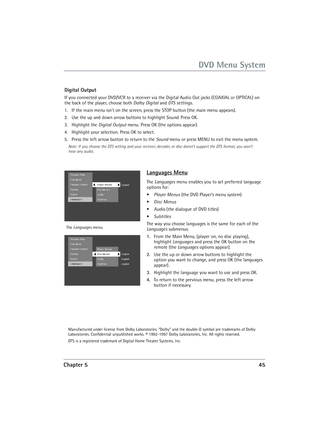 RCA DVD/VCR manual Languages Menu, Digital Output 