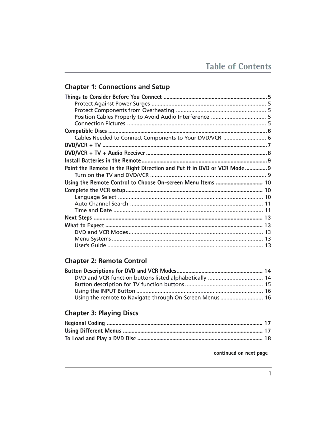 RCA DVD/VCR manual Table of Contents 