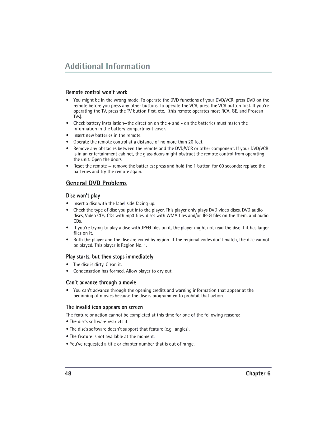 RCA DVD/VCR manual Additional Information, General DVD Problems 