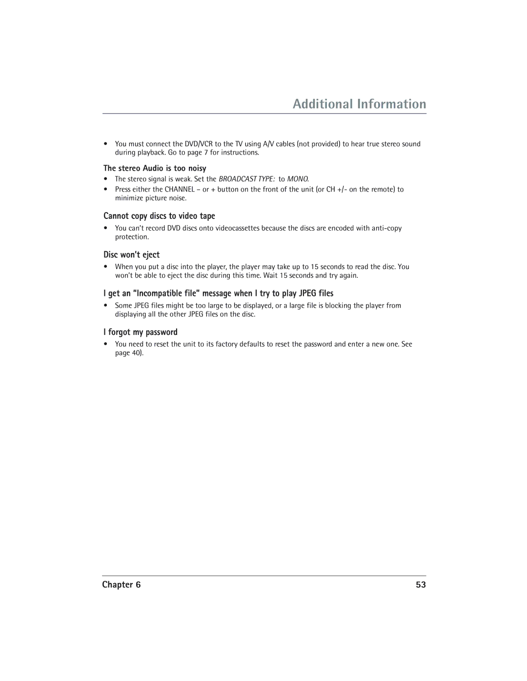 RCA DVD/VCR manual Cannot copy discs to video tape, Disc won’t eject, Forgot my password, Stereo Audio is too noisy 