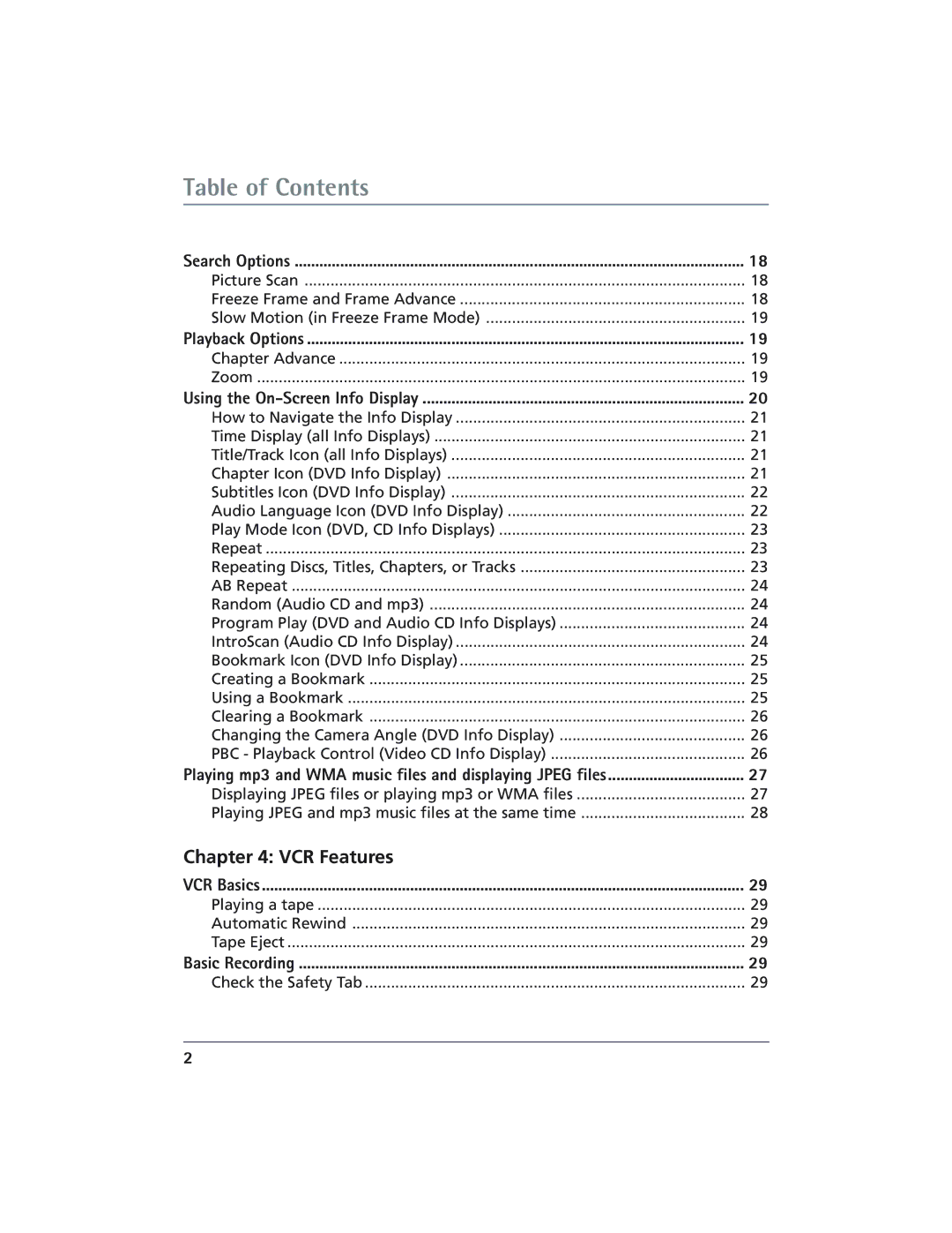 RCA DVD/VCR manual Table of Contents 