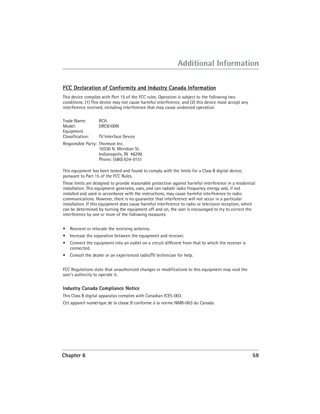 RCA DVD/VCR manual Industry Canada Compliance Notice, Trade Name, Model DRC6100N Equipment Classification 