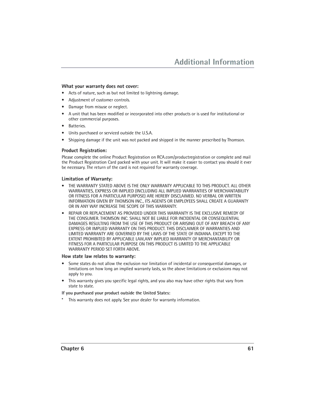 RCA DVD/VCR manual What your warranty does not cover, Product Registration Limitation of Warranty 