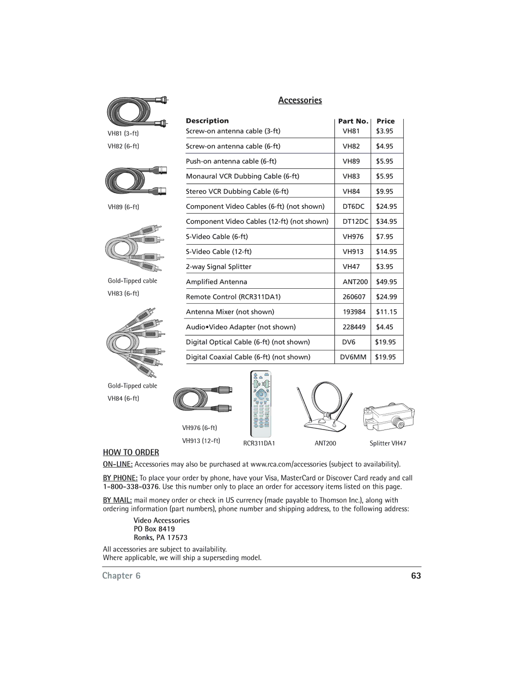 RCA DVD/VCR manual Accessories, Description Price 