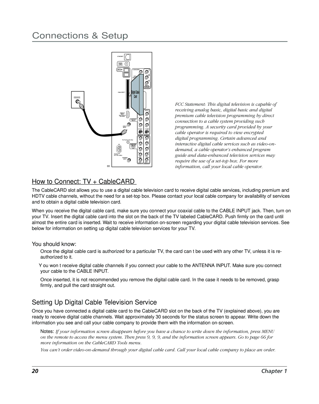 RCA DVR2080, DVR2160 manual How to Connect TV + CableCARD, Setting Up Digital Cable Television Service 