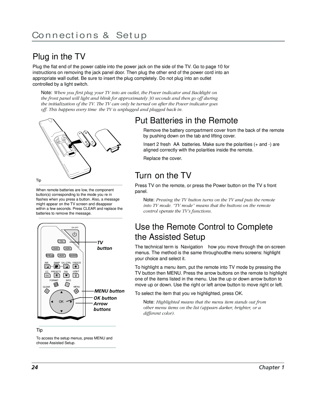 RCA DVR2080, DVR2160 manual Plug in the TV, Put Batteries in the Remote, Turn on the TV 