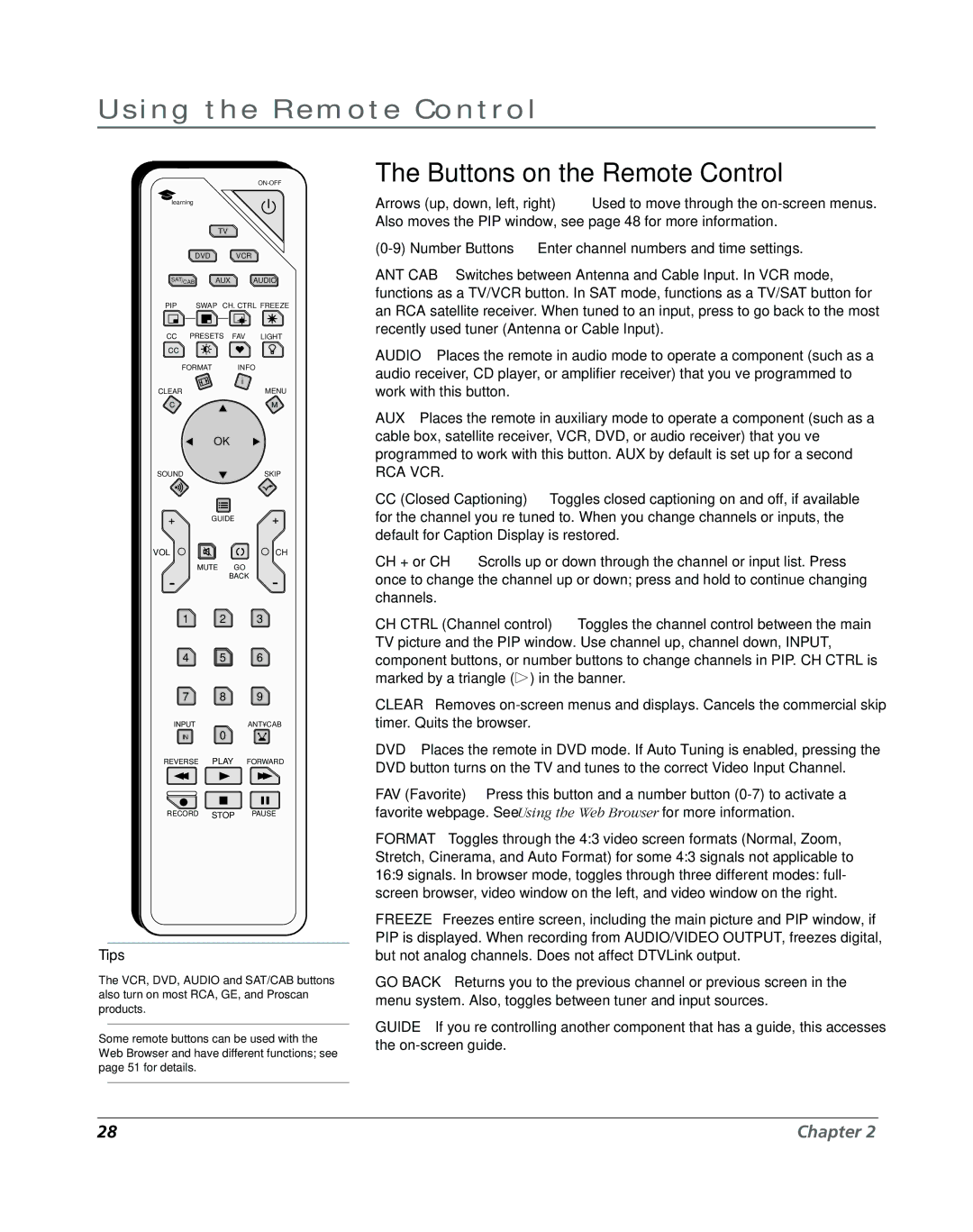 RCA DVR2080, DVR2160 manual Using the Remote Control, Buttons on the Remote Control 