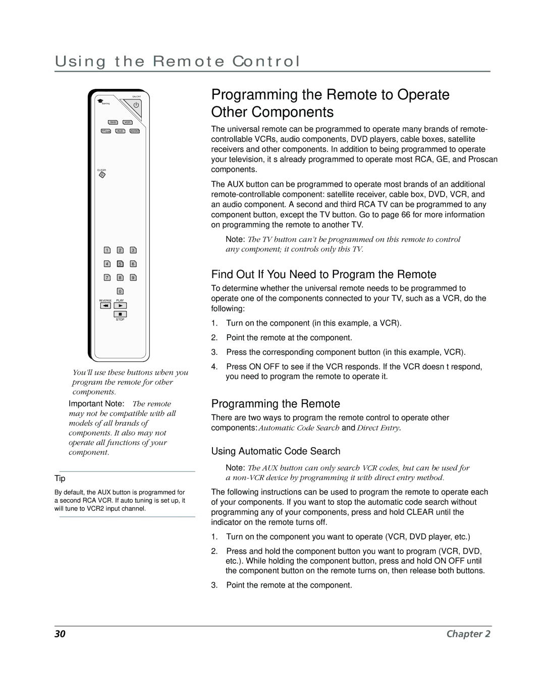 RCA DVR2080, DVR2160 manual Programming the Remote to Operate Other Components, Find Out If You Need to Program the Remote 