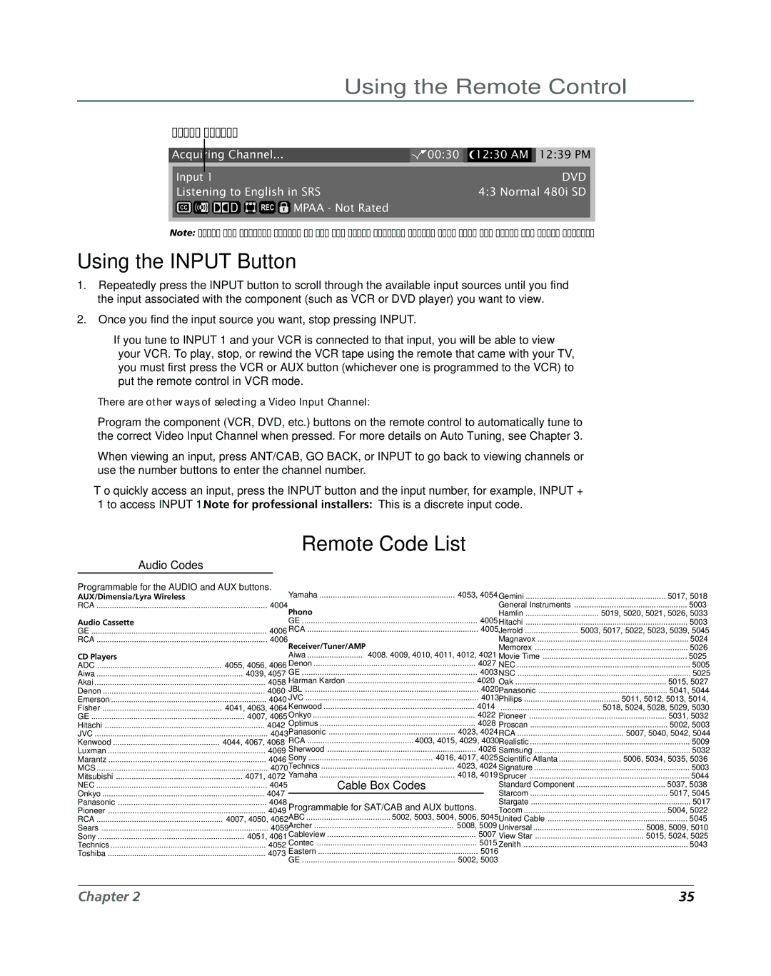 RCA DVR2160, DVR2080 manual Using the Input Button, Remote Code List 