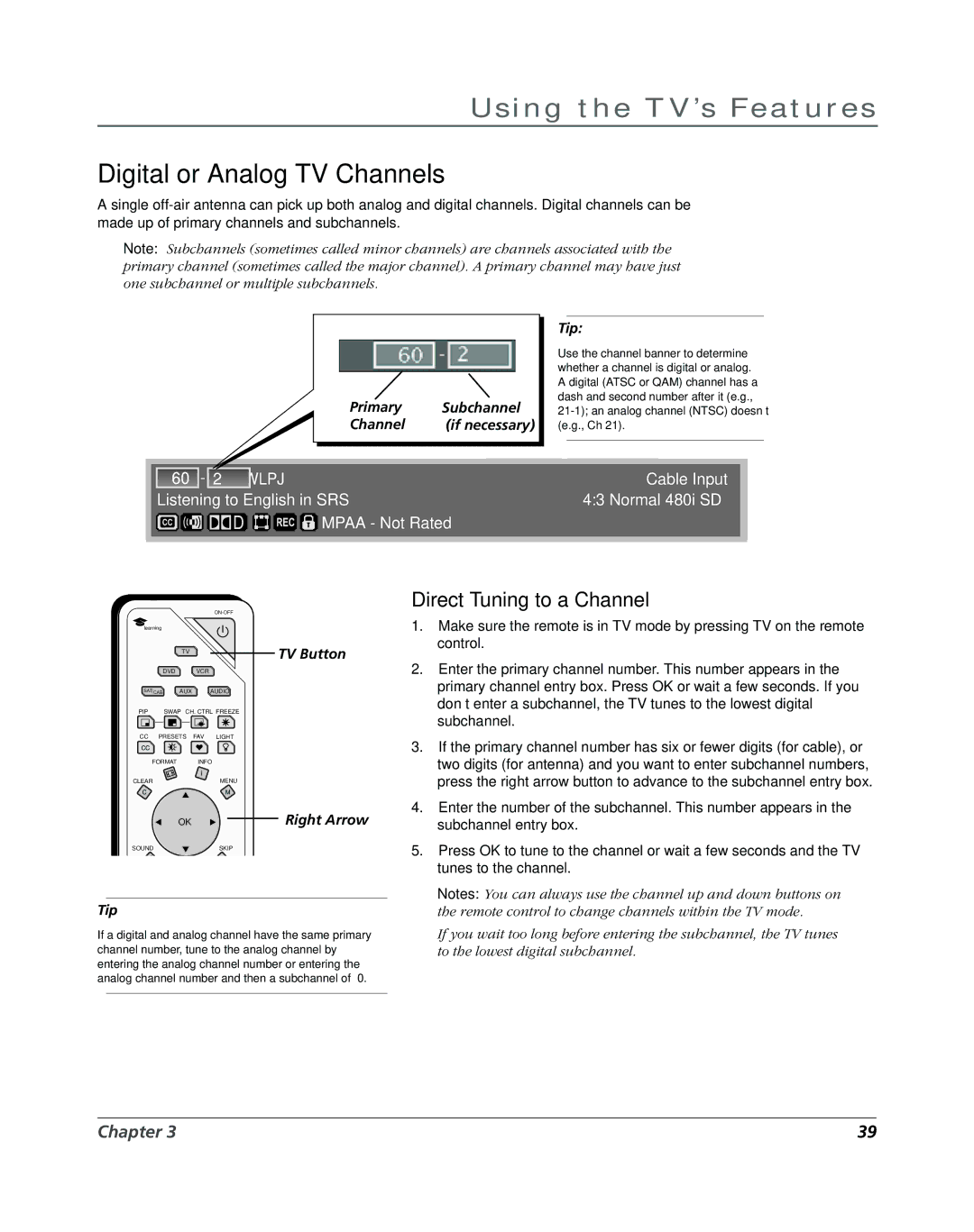 RCA DVR2160, DVR2080 manual Digital or Analog TV Channels, Direct Tuning to a Channel 